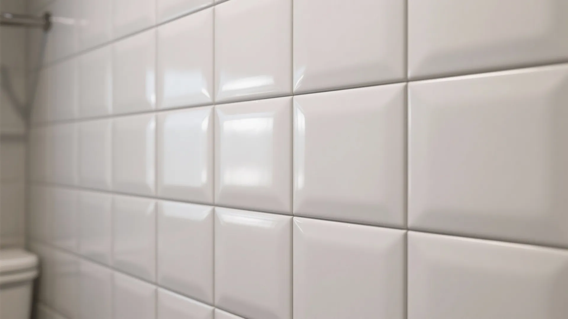 Close up of glossy white square bathroom wall tiles with clean grout lines and bright lighting