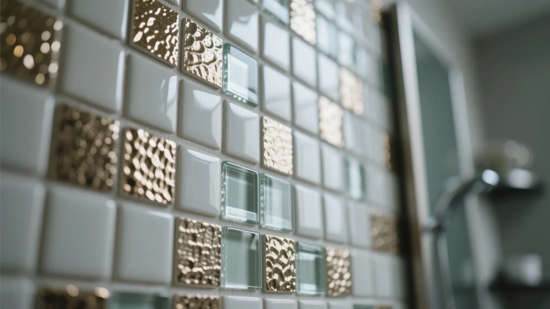 Close-up of mixed matte and glossy mosaic tiles