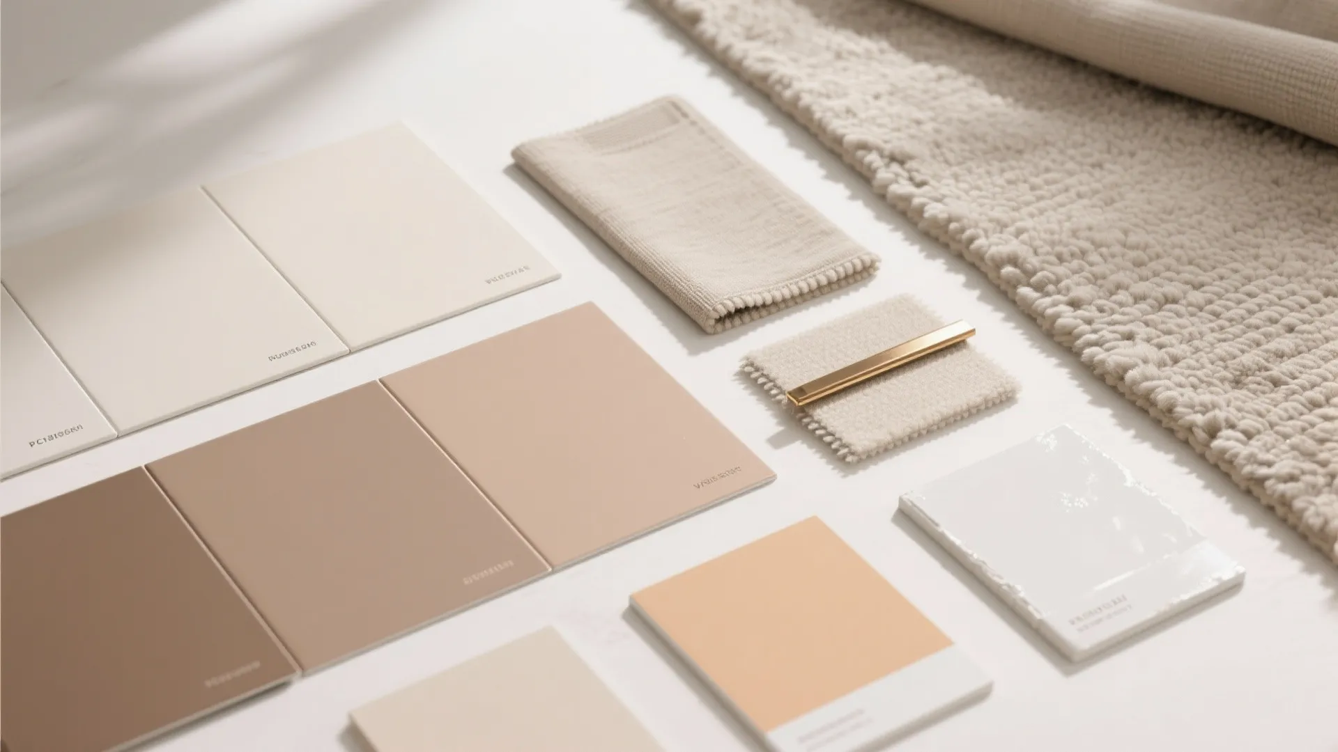 Interior design material palette showing beige matte panels, fabric swatches, gloss tiles, and soft rug