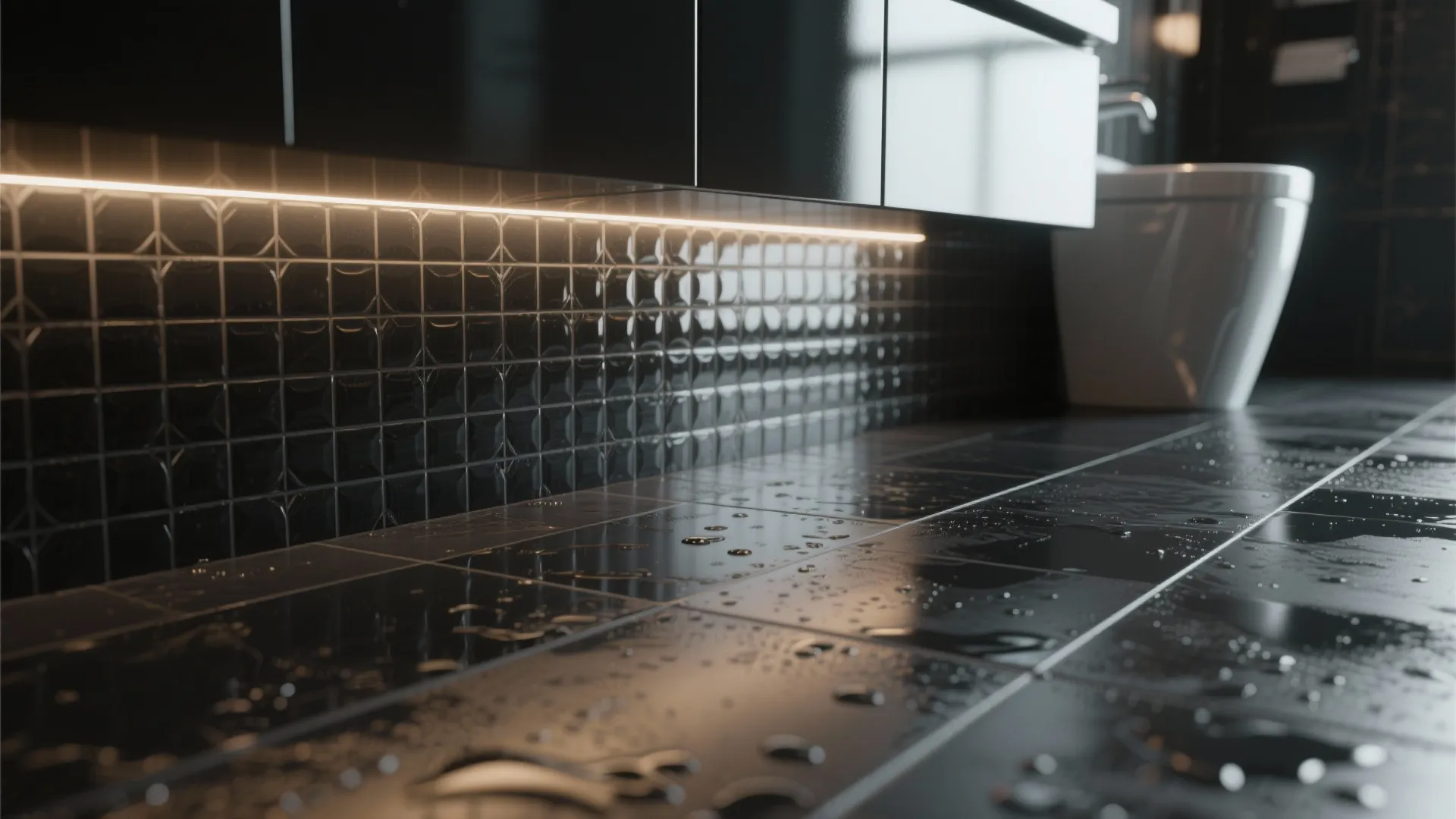 Wet black floor tiles with water droplets under warm light strip from a bathroom cabinet