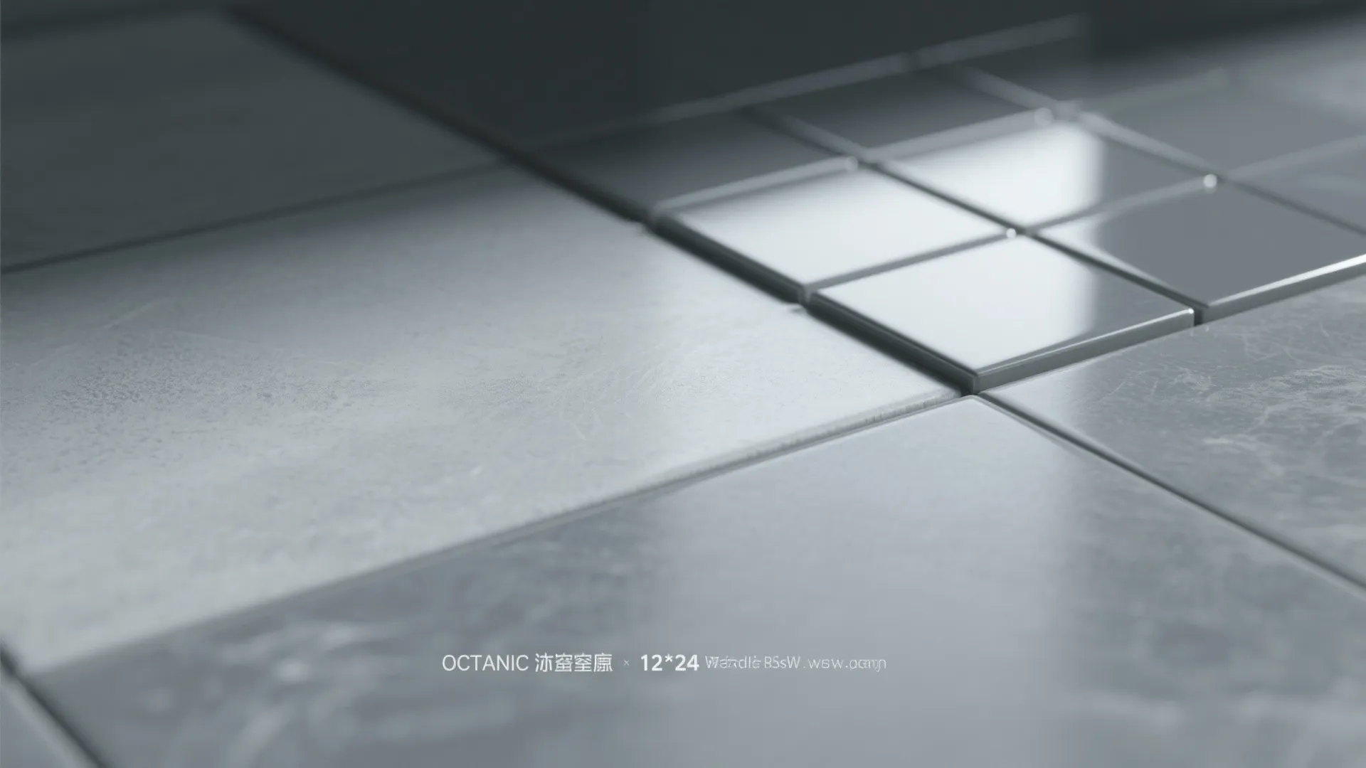 Close-up of matte and glossy 12x24 tiles in gray tone