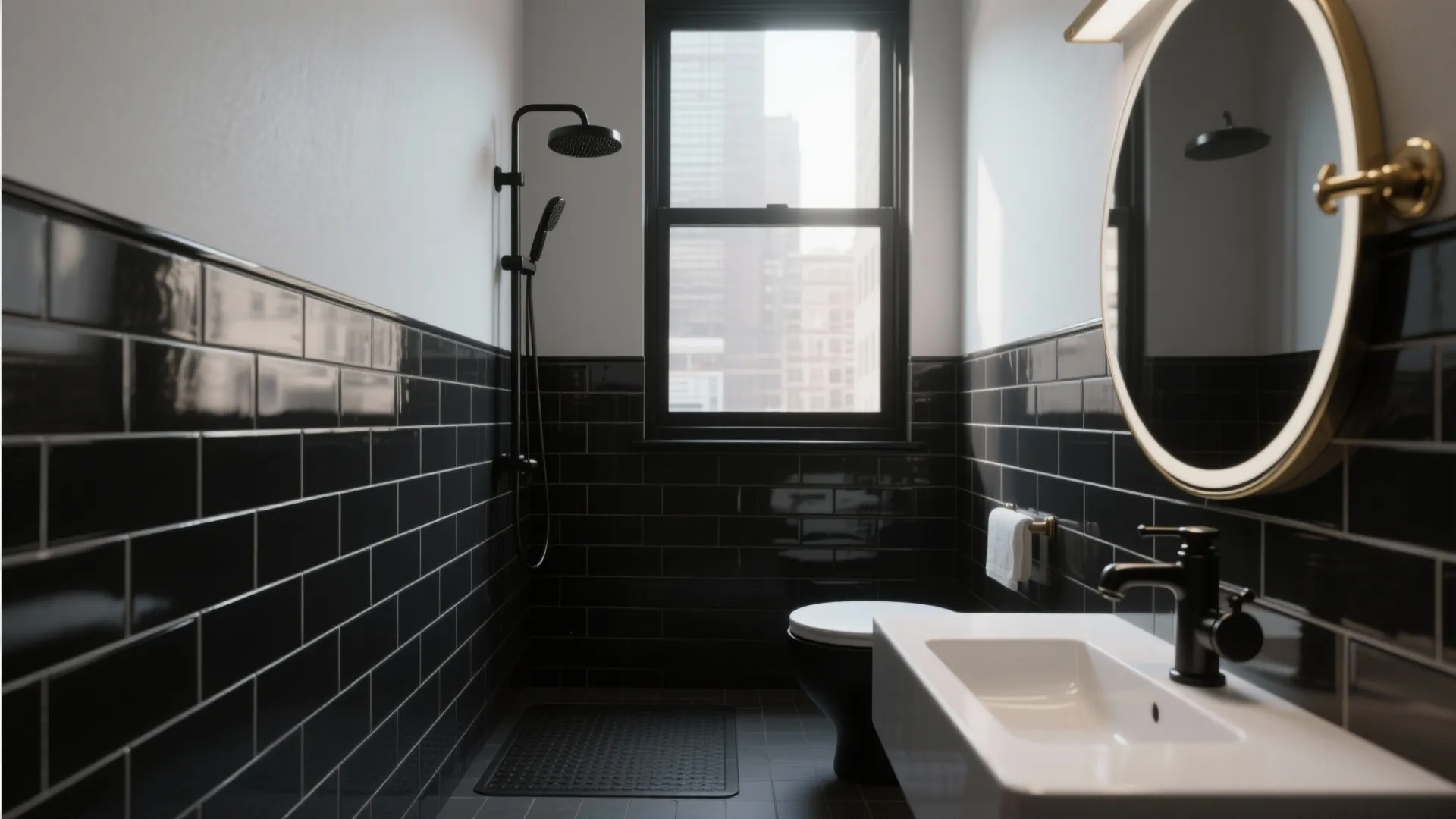 Matte Black Fixtures + Glossy Tile Contrast