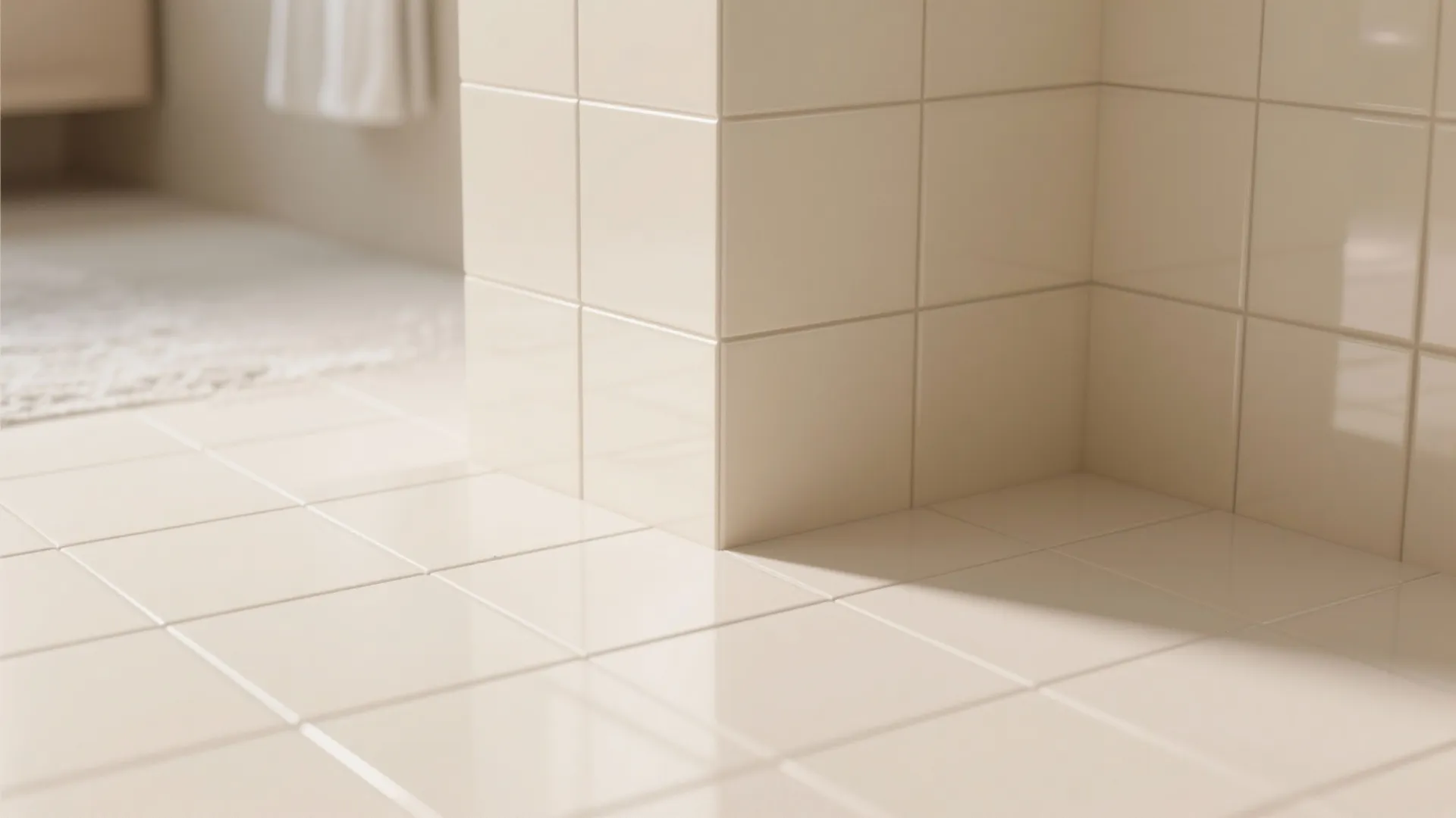 Close up of cream square floor and wall tiles with clean glossy finish reflecting light