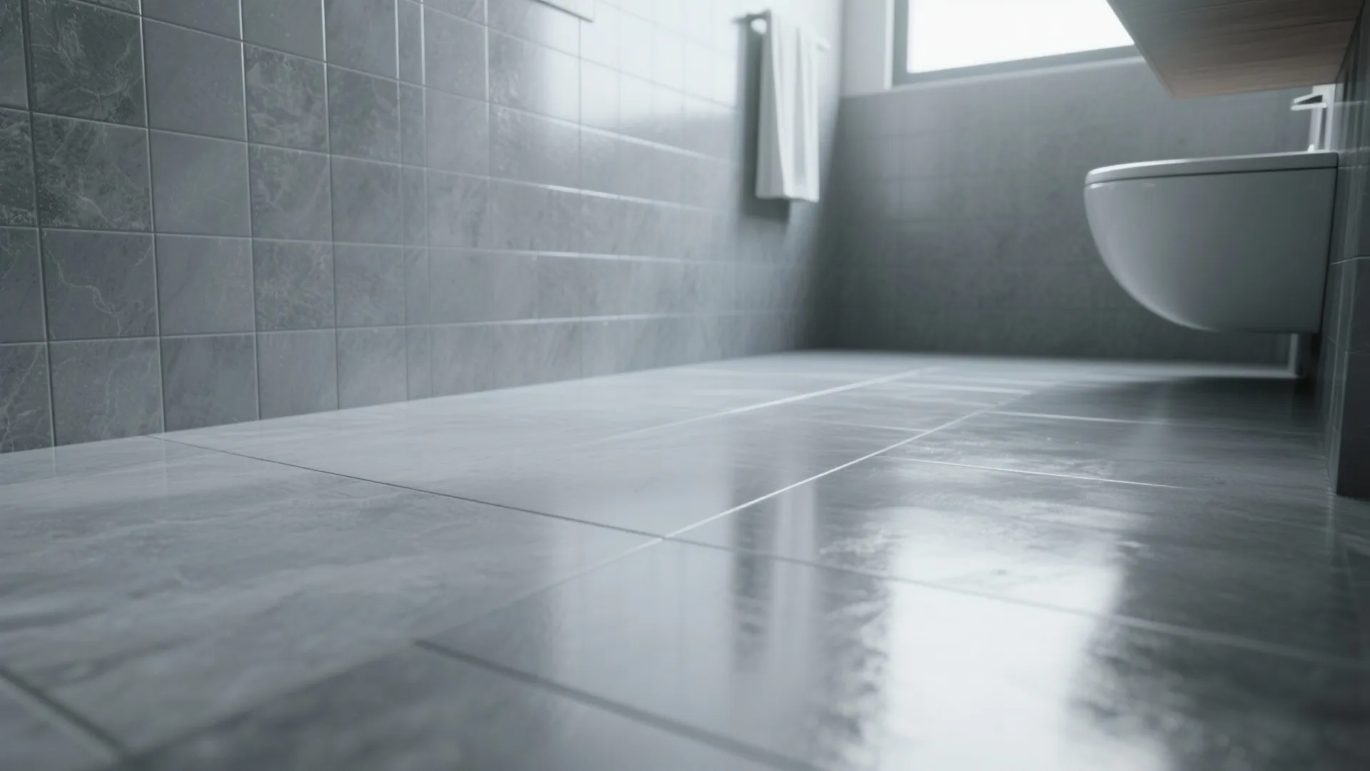 Close up view of shiny grey floor tiles in a bathroom with wall mounted toilet