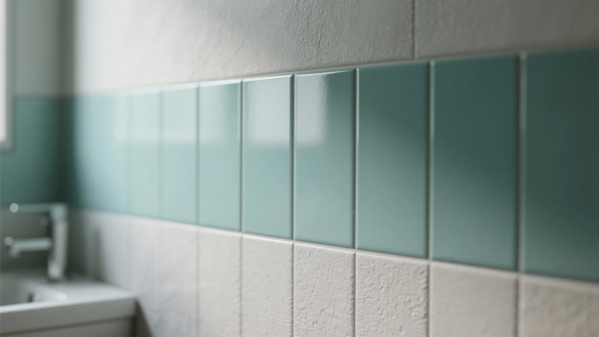 Close up of green glossy rectangular tiles used as wall border between textured white tiles
