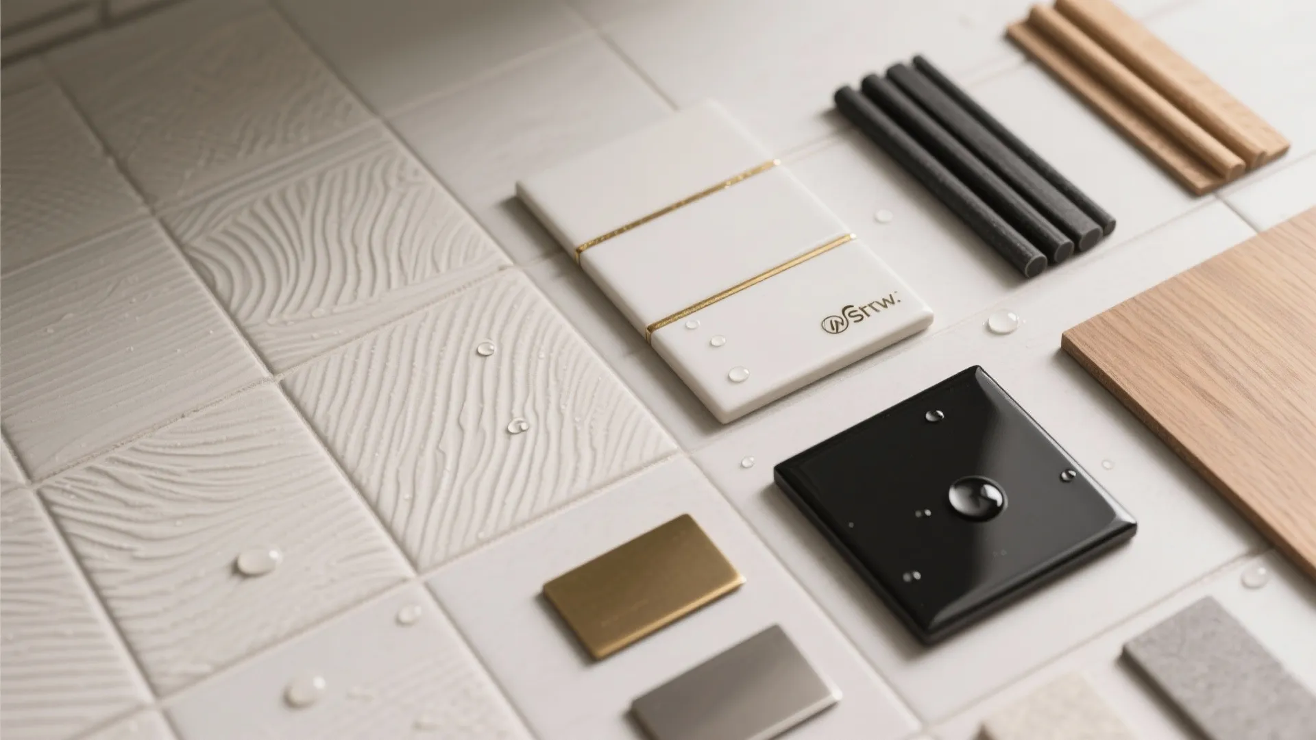 Modern collection of white textured floor tiles black glossy samples and wood materials for home