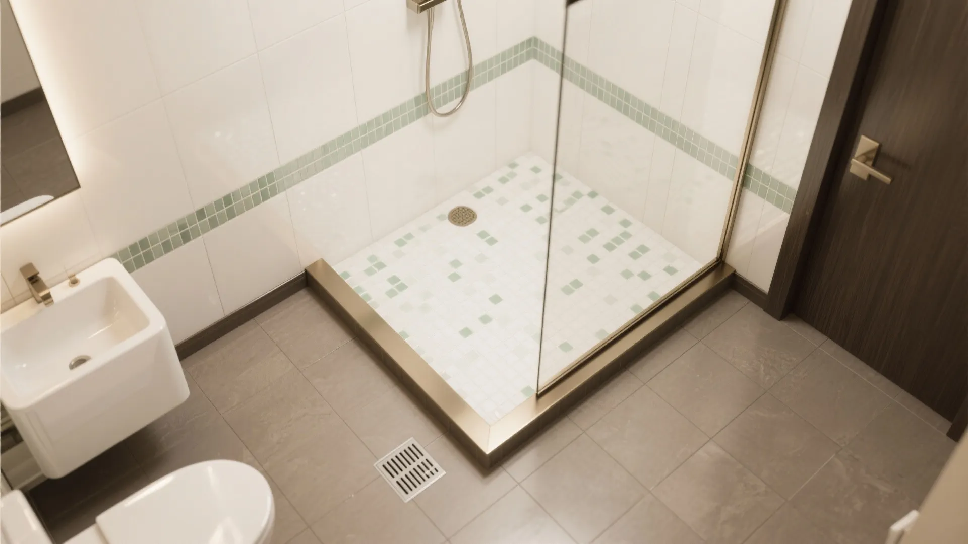 Modern bathroom with glass walk-in shower green mosaic tiles white sink toilet and grey floor
