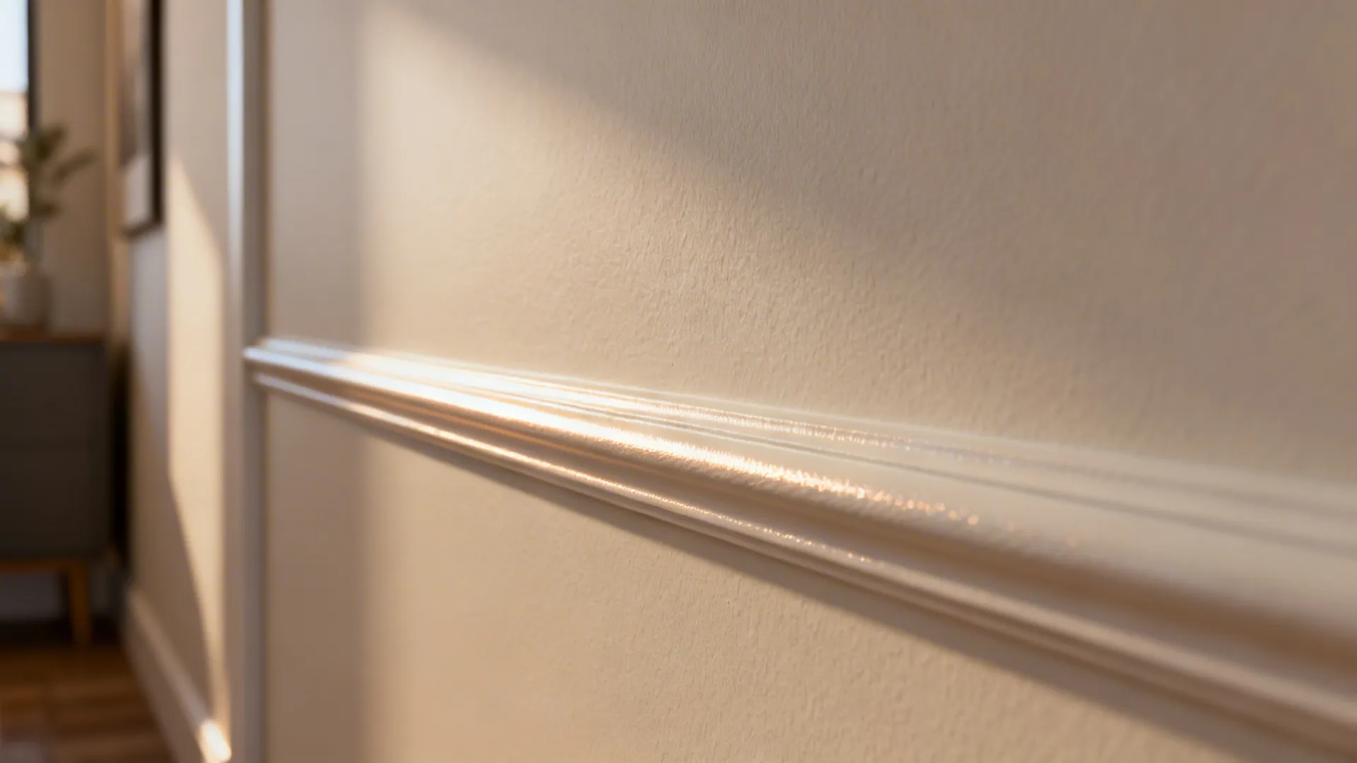 Close-up of matte wall surface with slightly glossy eggshell trim showing texture contrast.