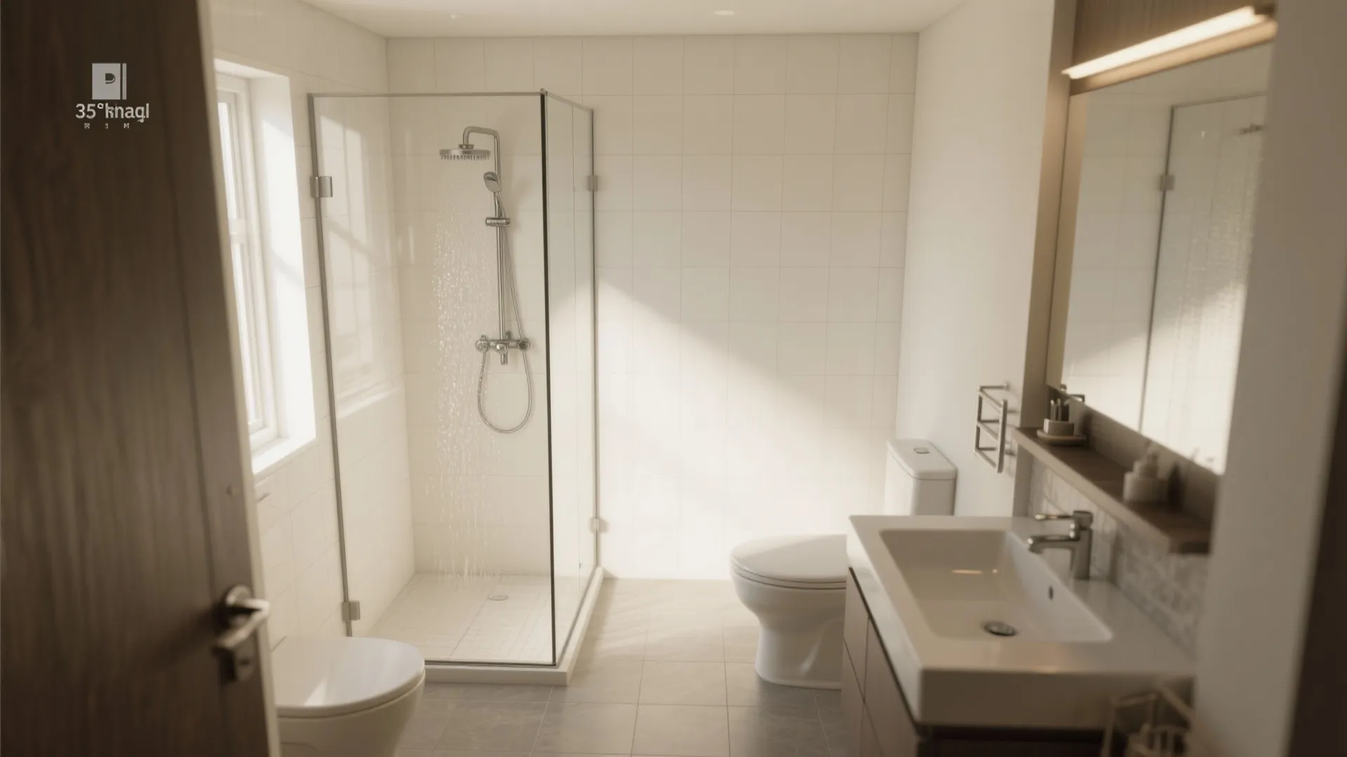 Bright bathroom with glass shower door white wall tiles a sink and a white toilet