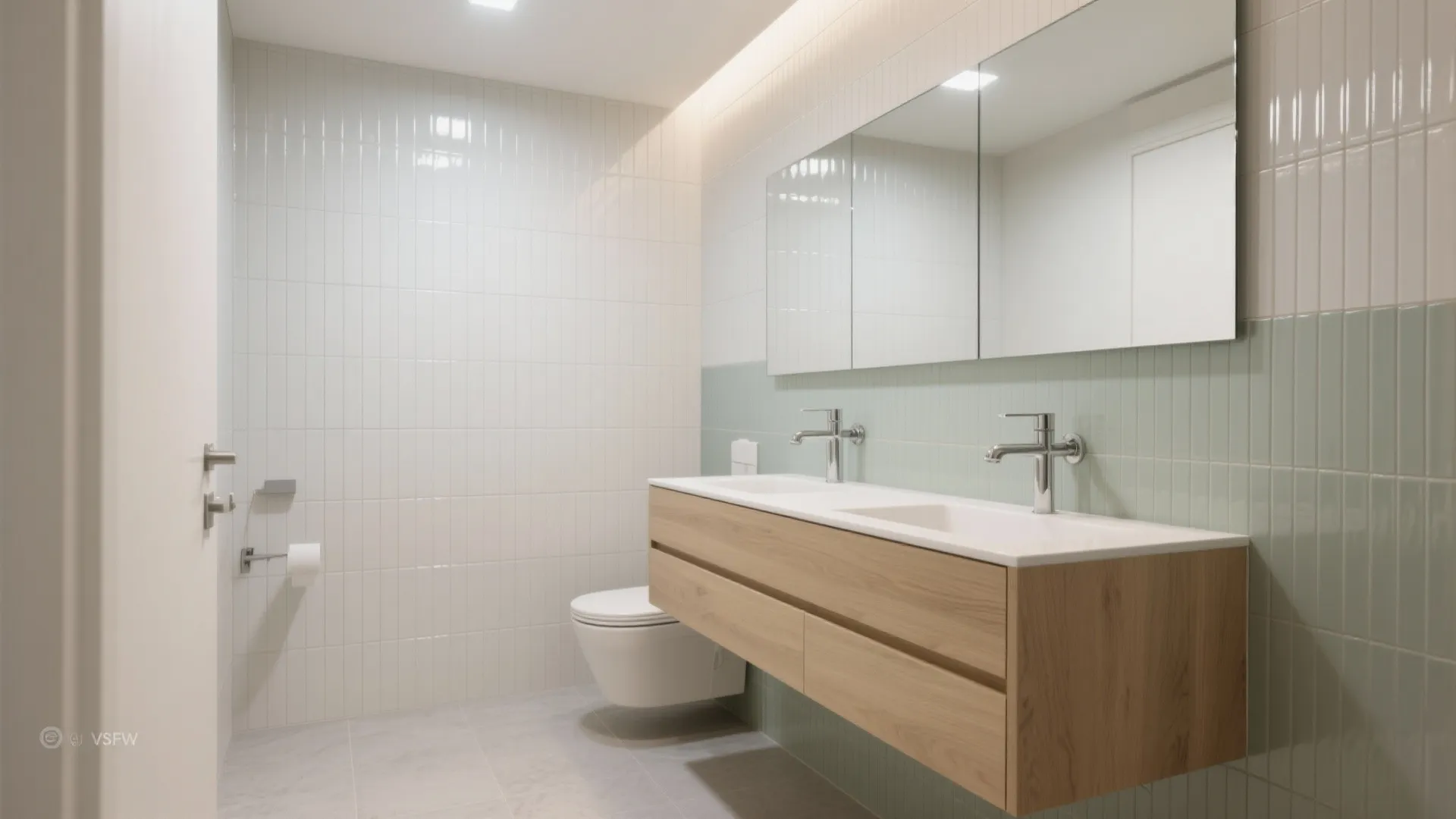 Modern bathroom with wooden cabinet double sink mirror white wall tiles and a hanging toilet