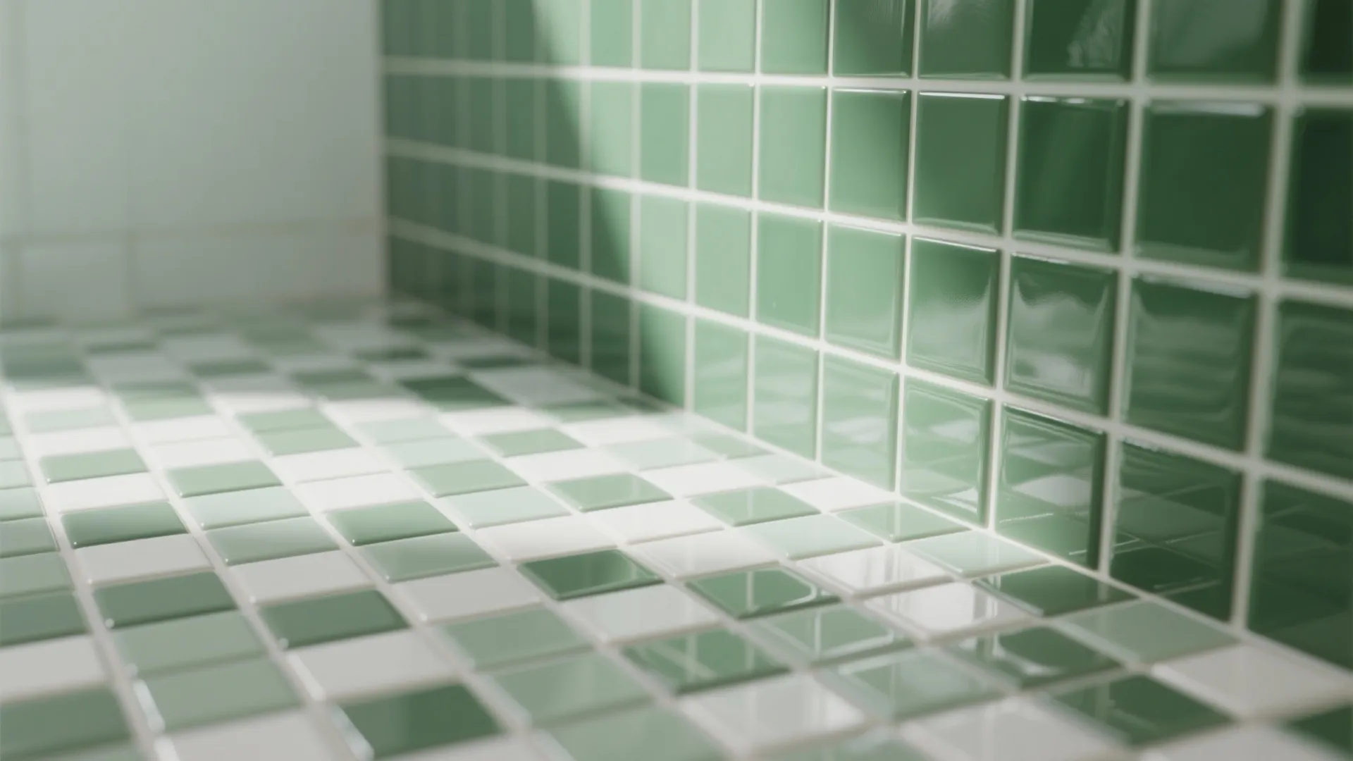 Matte sage mosaic on the floor, glossy greens on the wall
