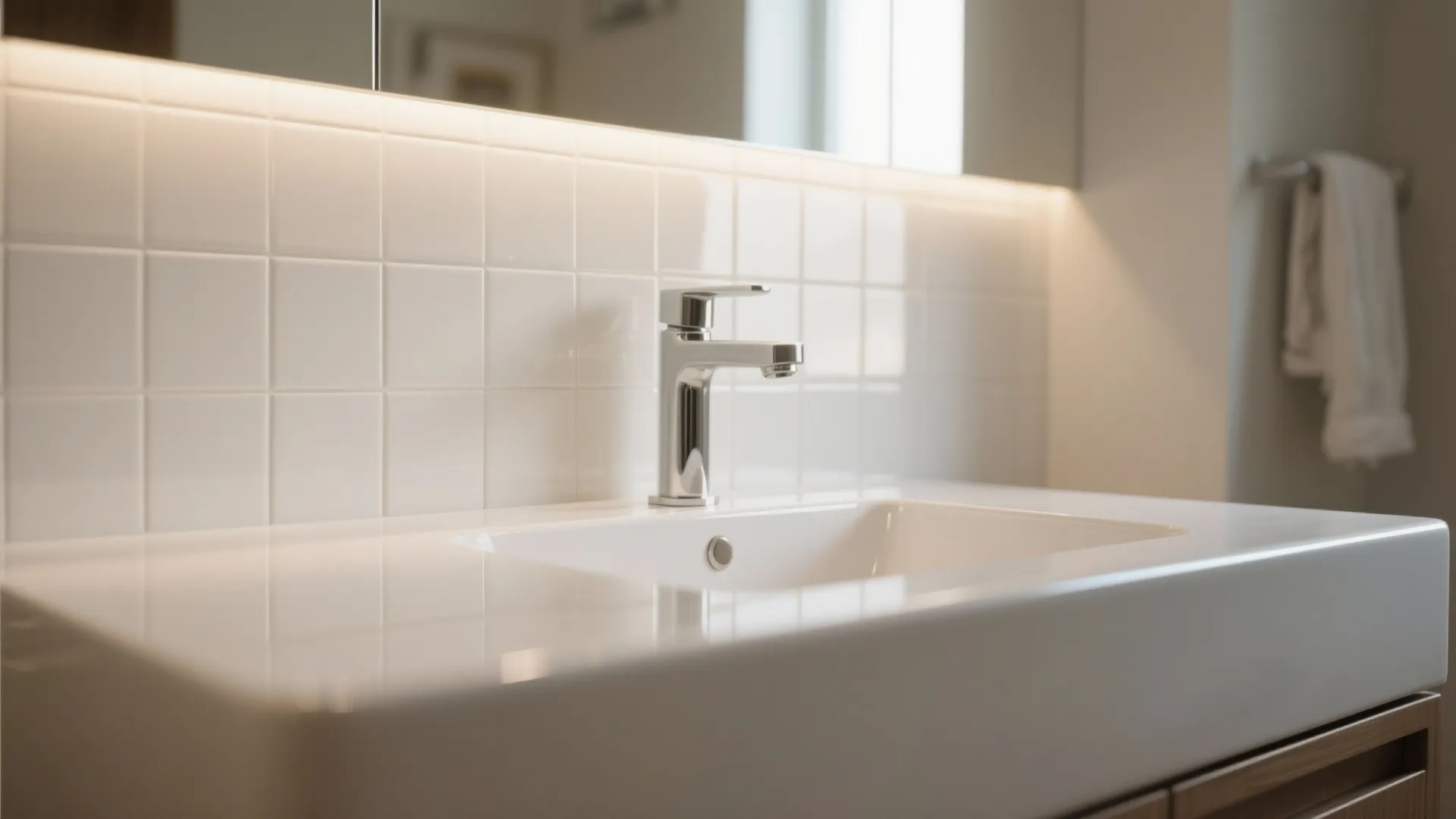 Modern white bathroom sink with chrome light fixture and white square wall tiles in daylight