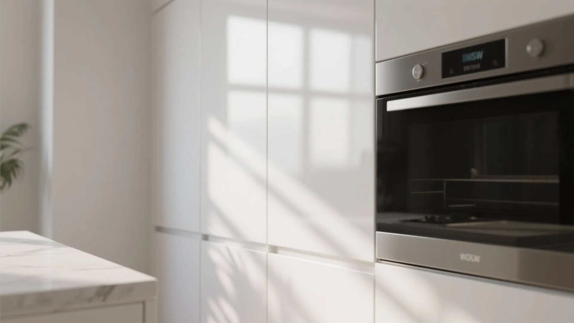 Glossy cabinet with matte countertop contrast