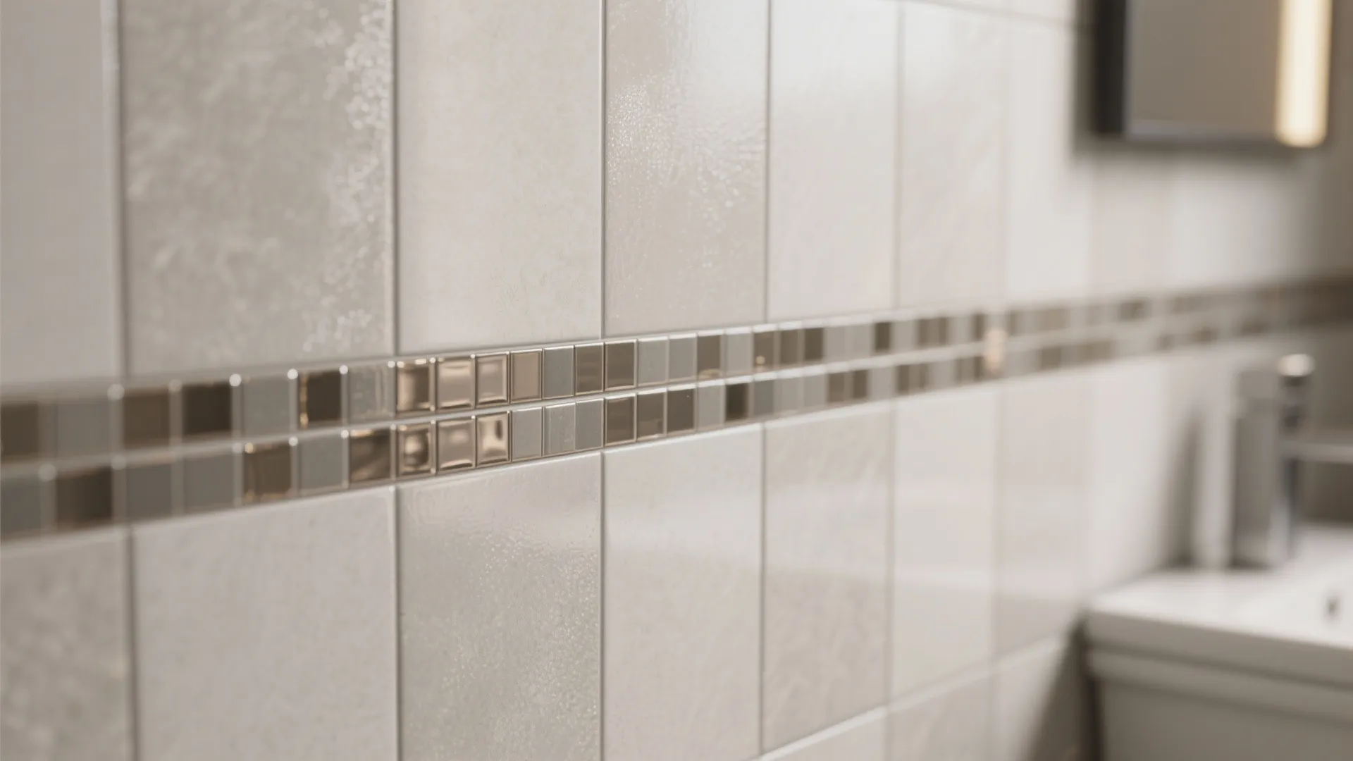 White glossy wall tiles with a brown and grey border strip in a modern bathroom