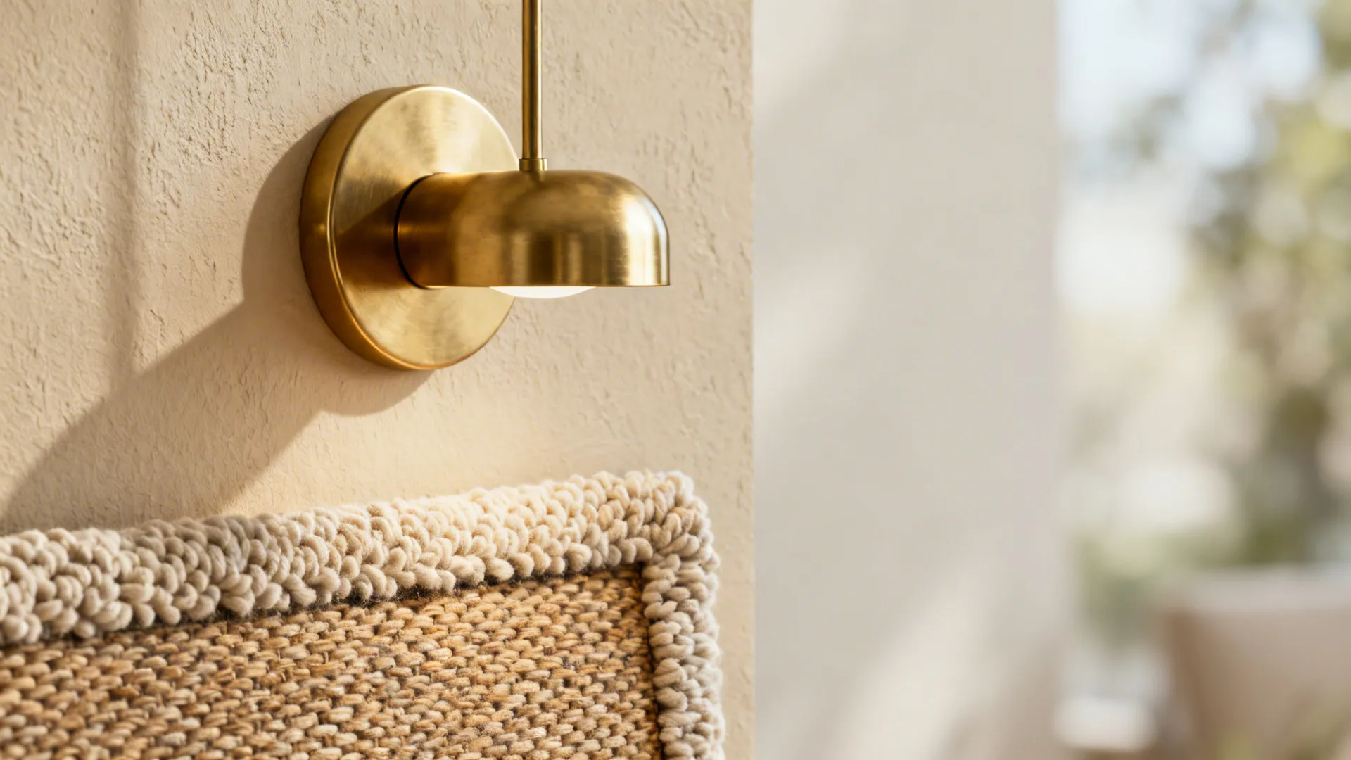 Close-up of matte gold fixture and textured beige fabrics.