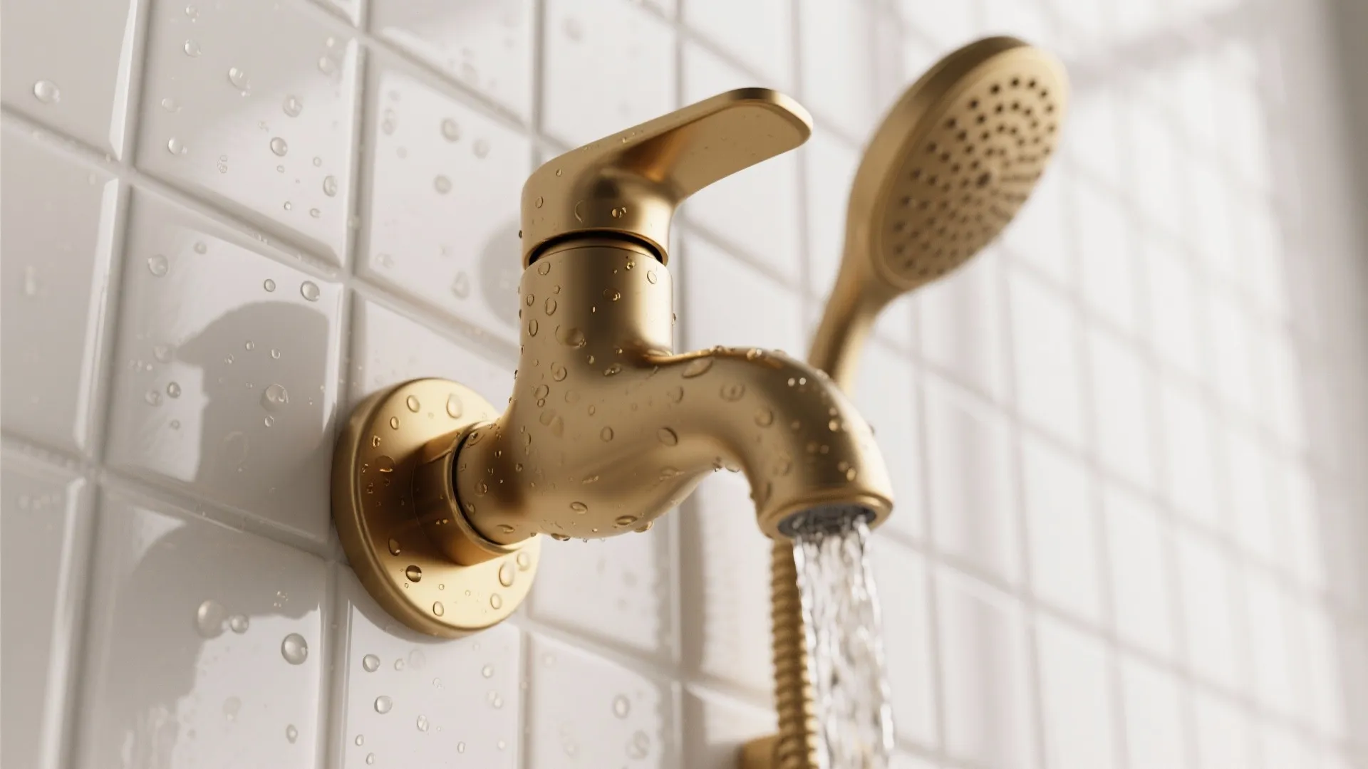 1. Matte gold fixtures with high-gloss white tiles