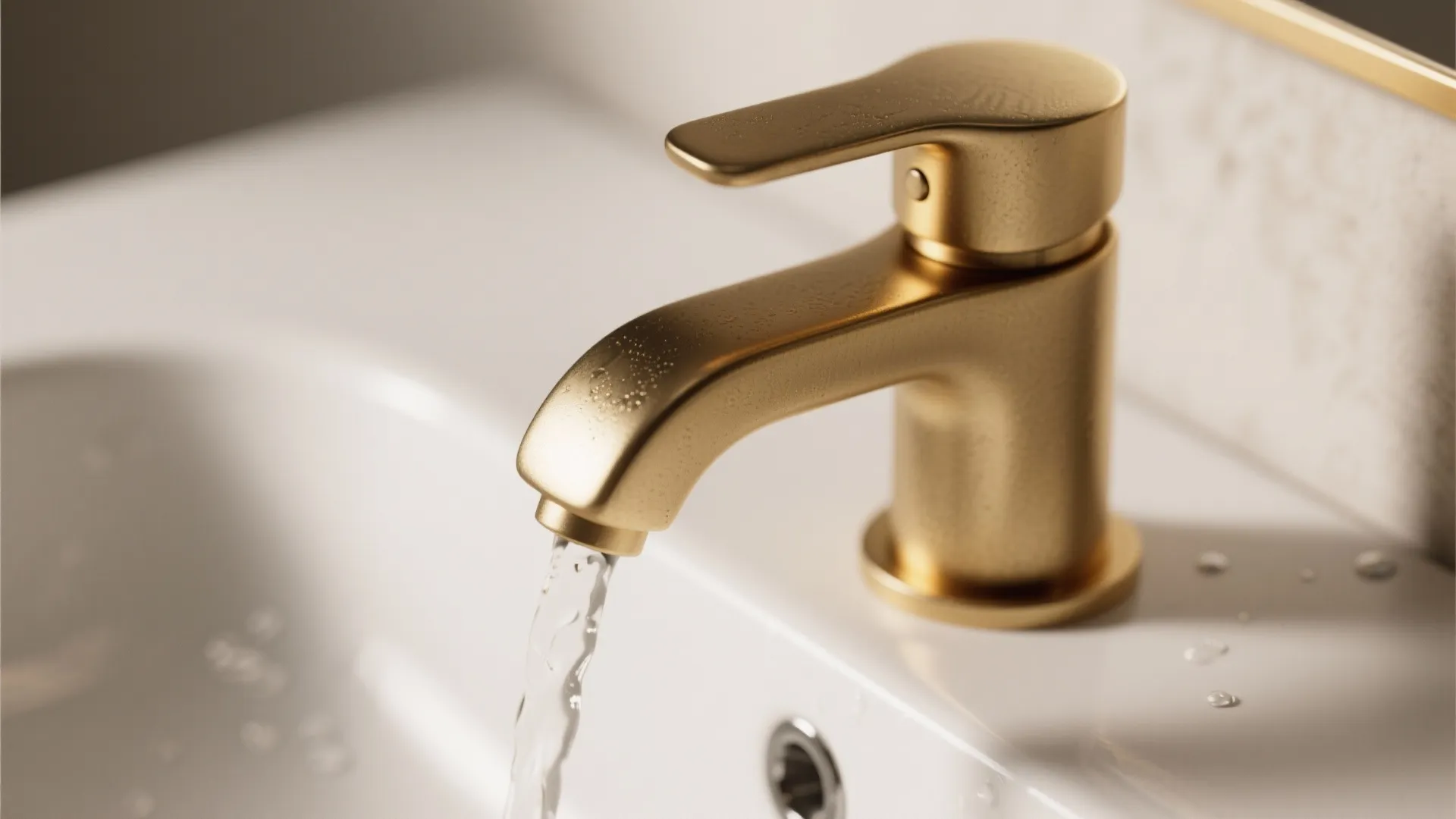Macro view of a matte gold single-handle faucet above a shallow white basin showing finish texture