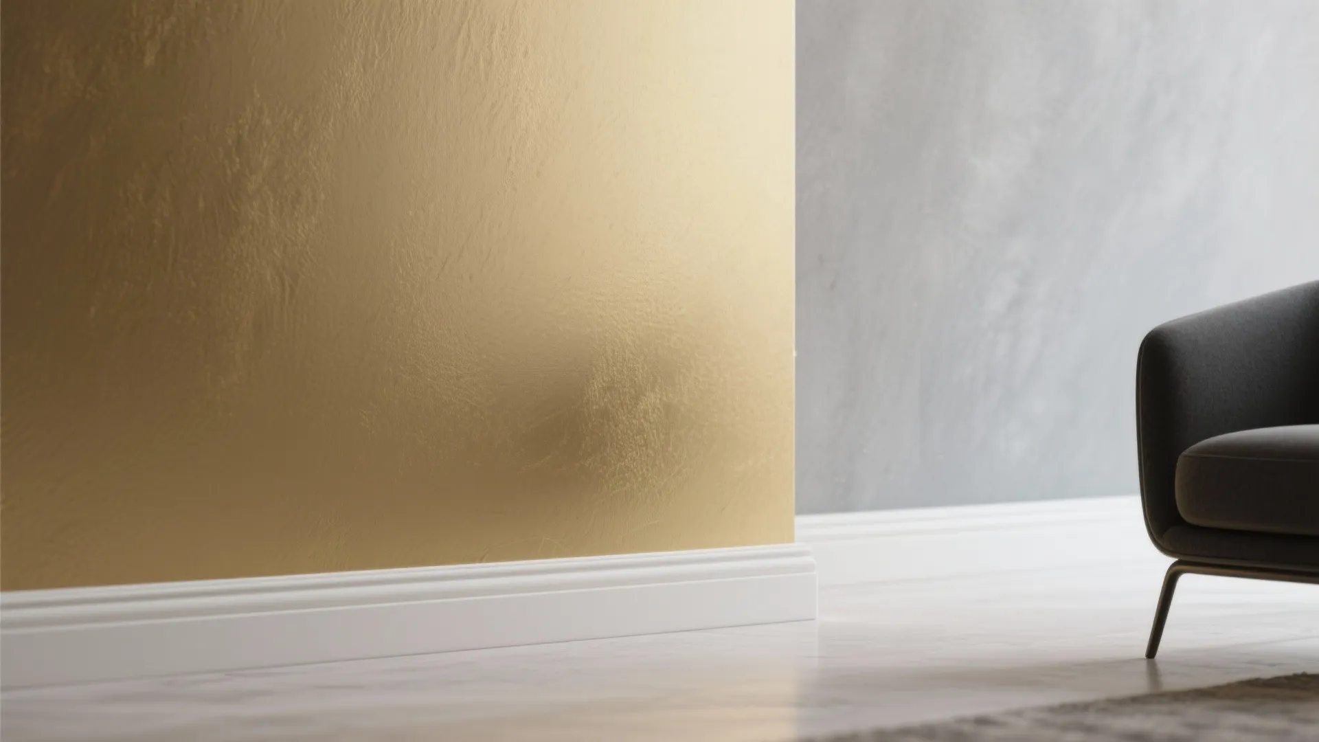 Close up of gold wall texture next to a grey wall and white floor trim