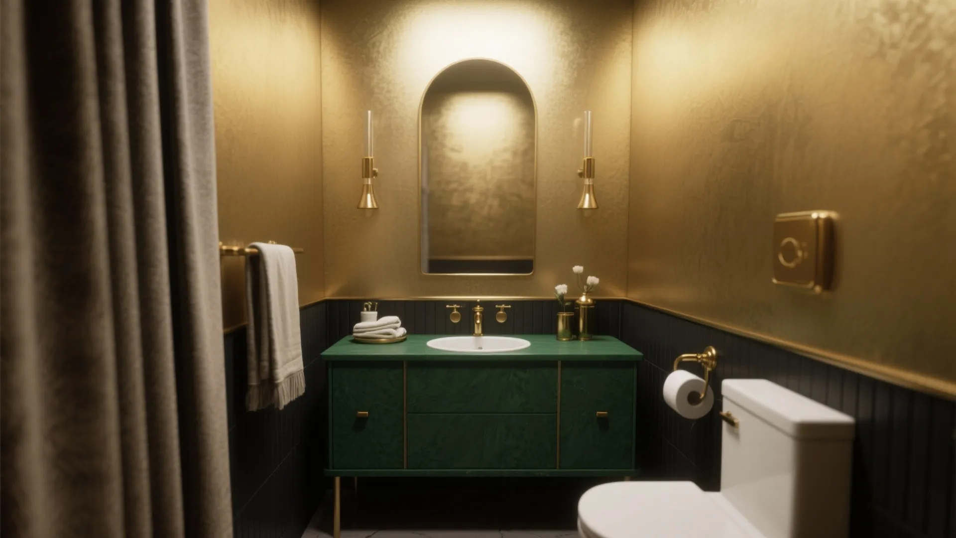 Compact powder room with matte gold walls paired with a deep green vanity and charcoal accents.