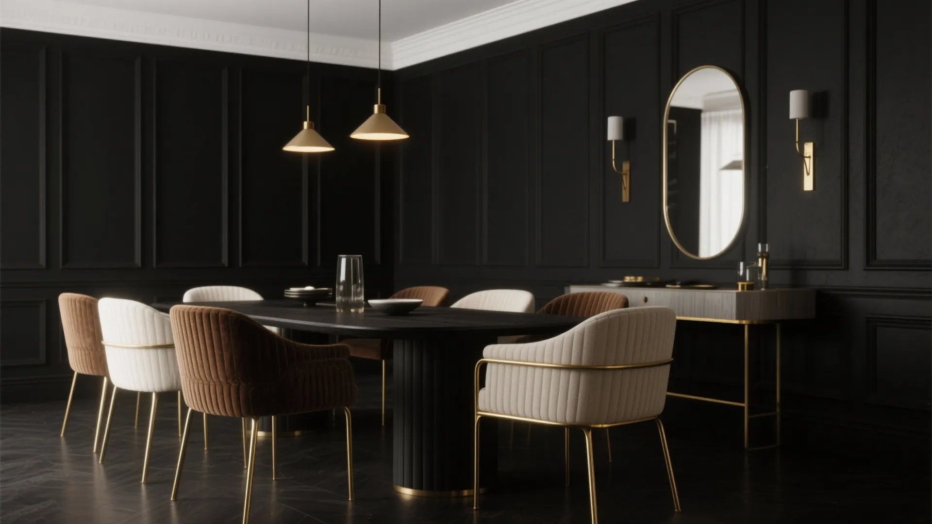 Modern dining room with black table colorful chairs hanging light wall panel and gold wall light