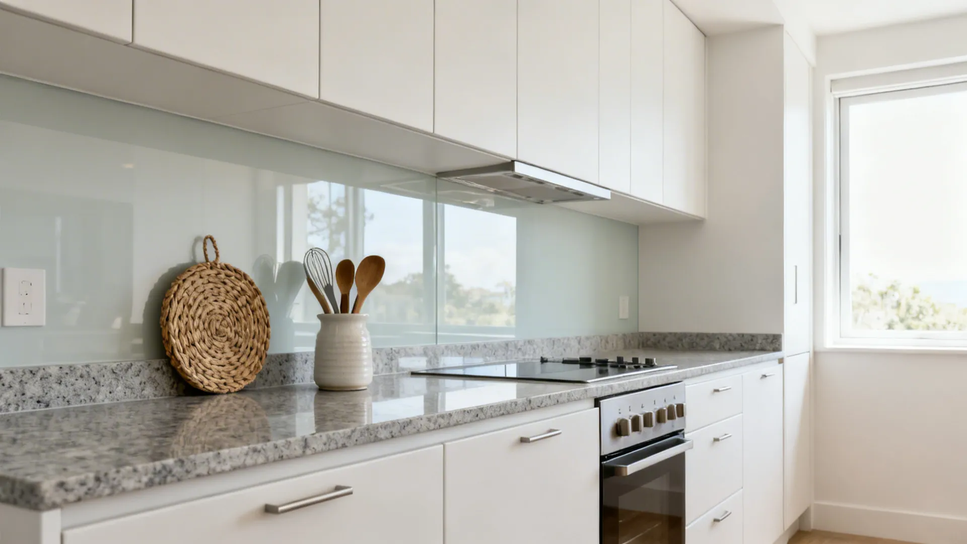 Low-glare studio kitchen with honed granite and matte cabinets in soft daylight.