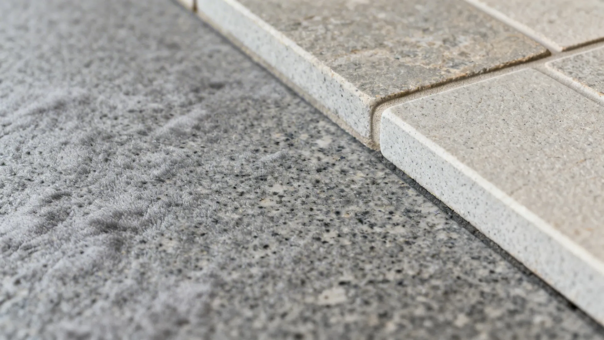 Macro of leathered gray granite texture beside honed Kota stone tile edge.