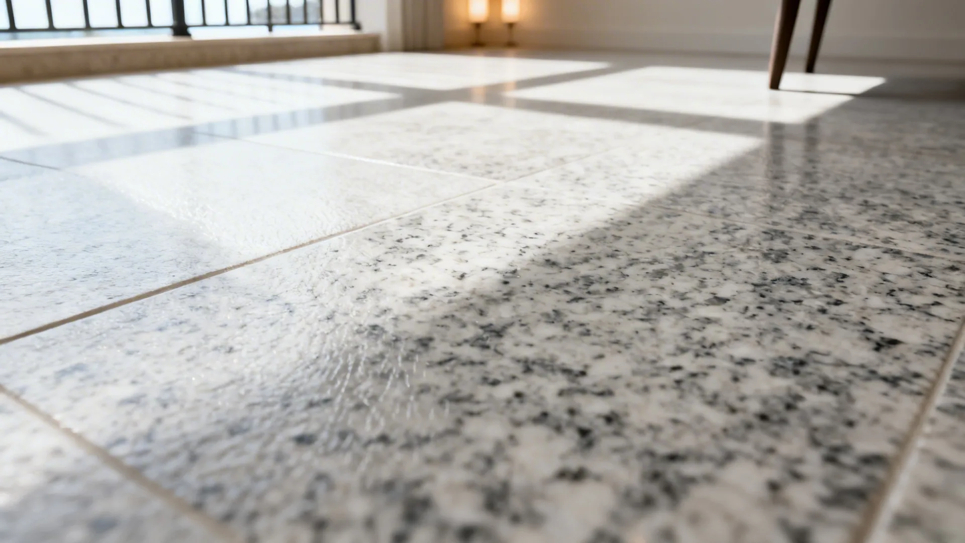 Close up of grey speckled floor tiles with natural light reflecting from the nearby balcony window
