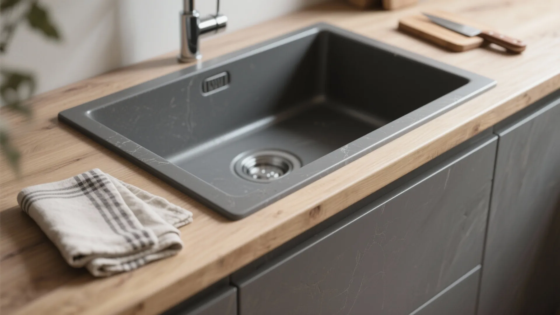 Dark grey kitchen sink on light wood countertop with white cloth and wooden cutting board