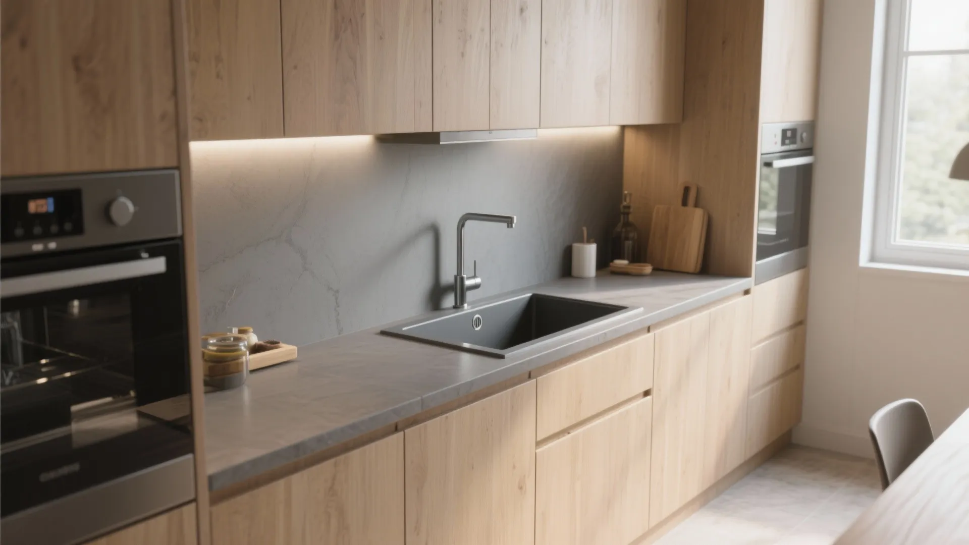 Minimalist kitchen design featuring light wood cabinets grey countertop integrated sink and under cabinet lighting