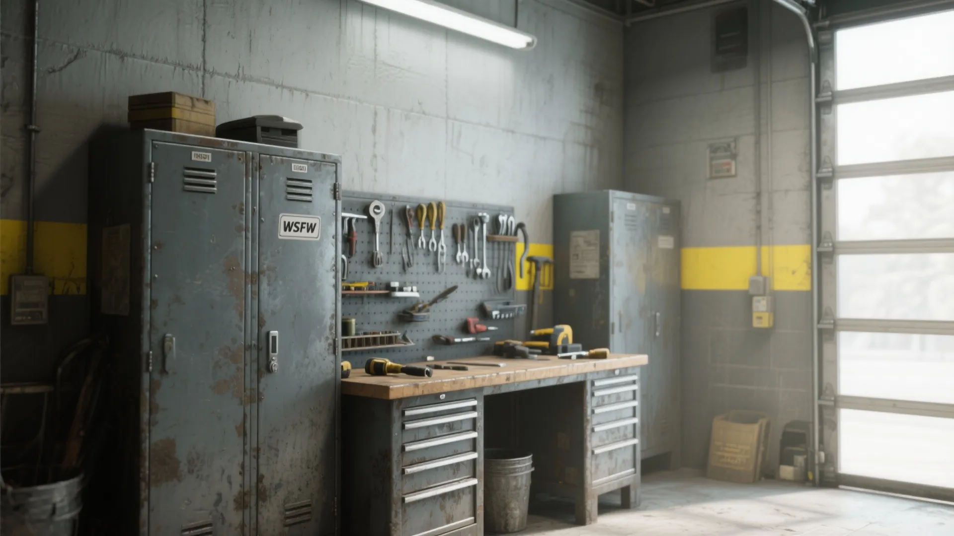 Industrial garage corner with matte gray walls and a bold safety-yellow stripe defining a tool zone.