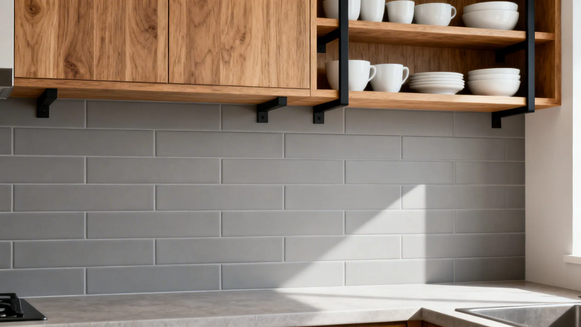 Matte grey wall tiles below wooden kitchen cabinets with white cups and bowls on open shelves