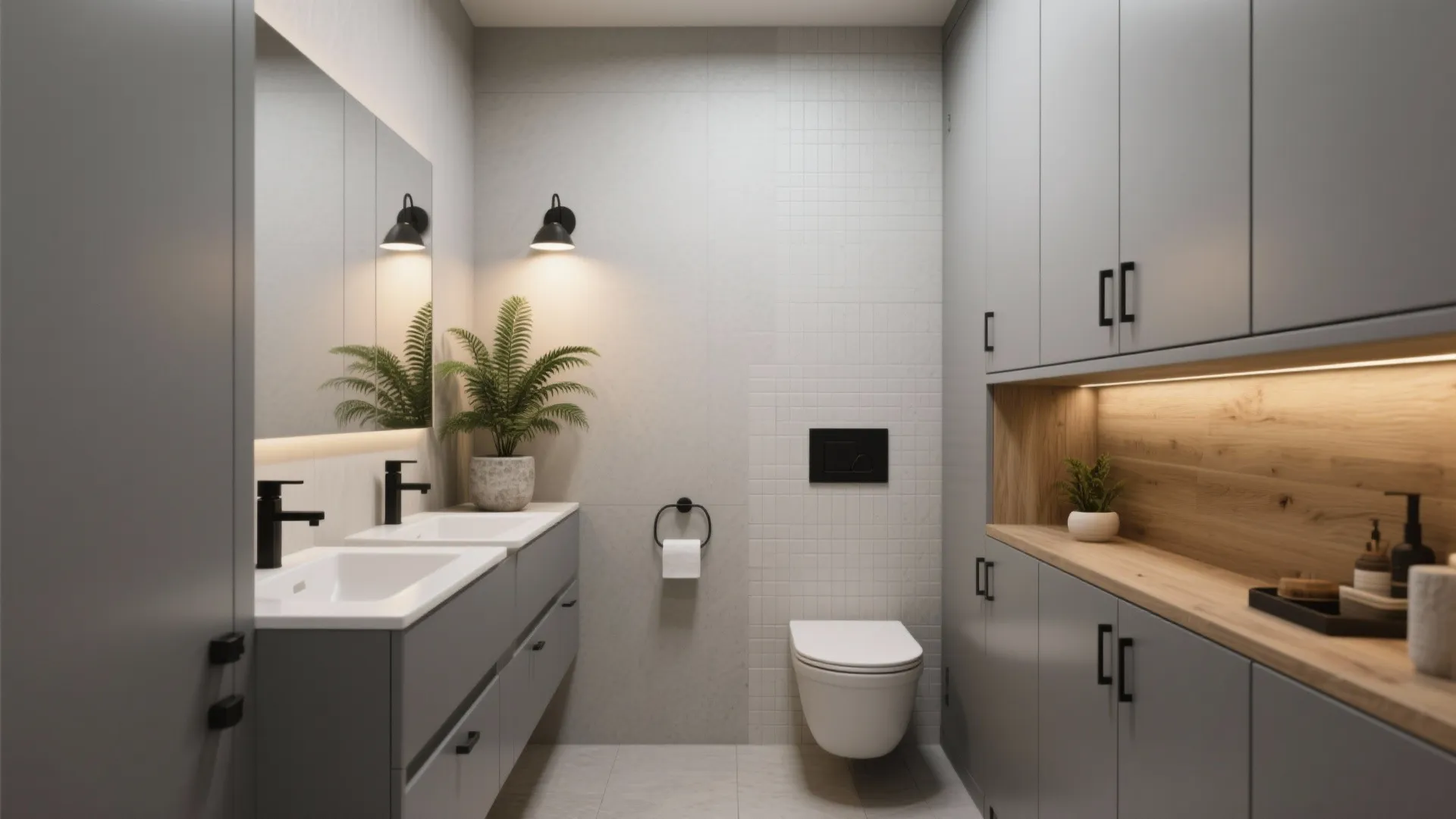 Compact bathroom with soft matte gray cabinets and matte black hardware, warm ambient lighting.