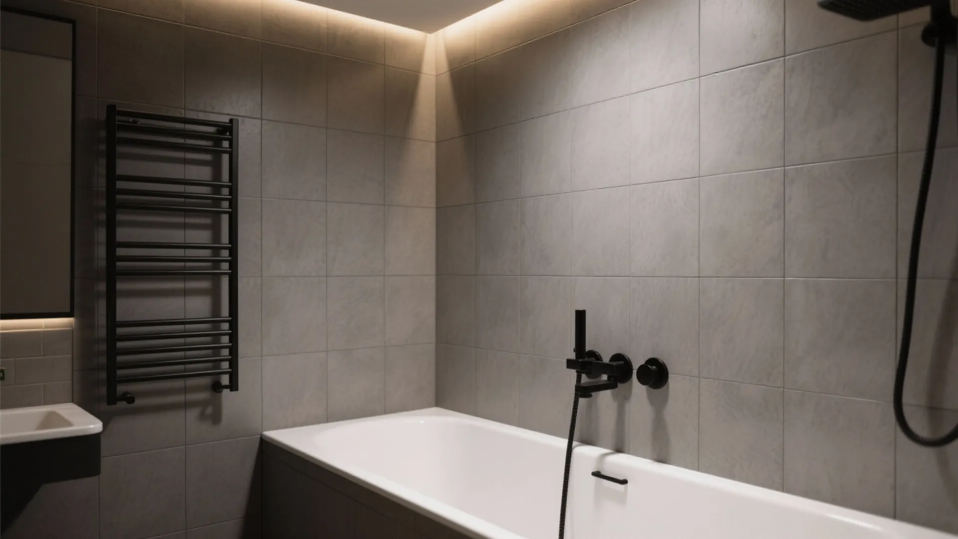 Modern bathroom with matte gray tiles, white bathtub, black faucet, and a black heated towel rail