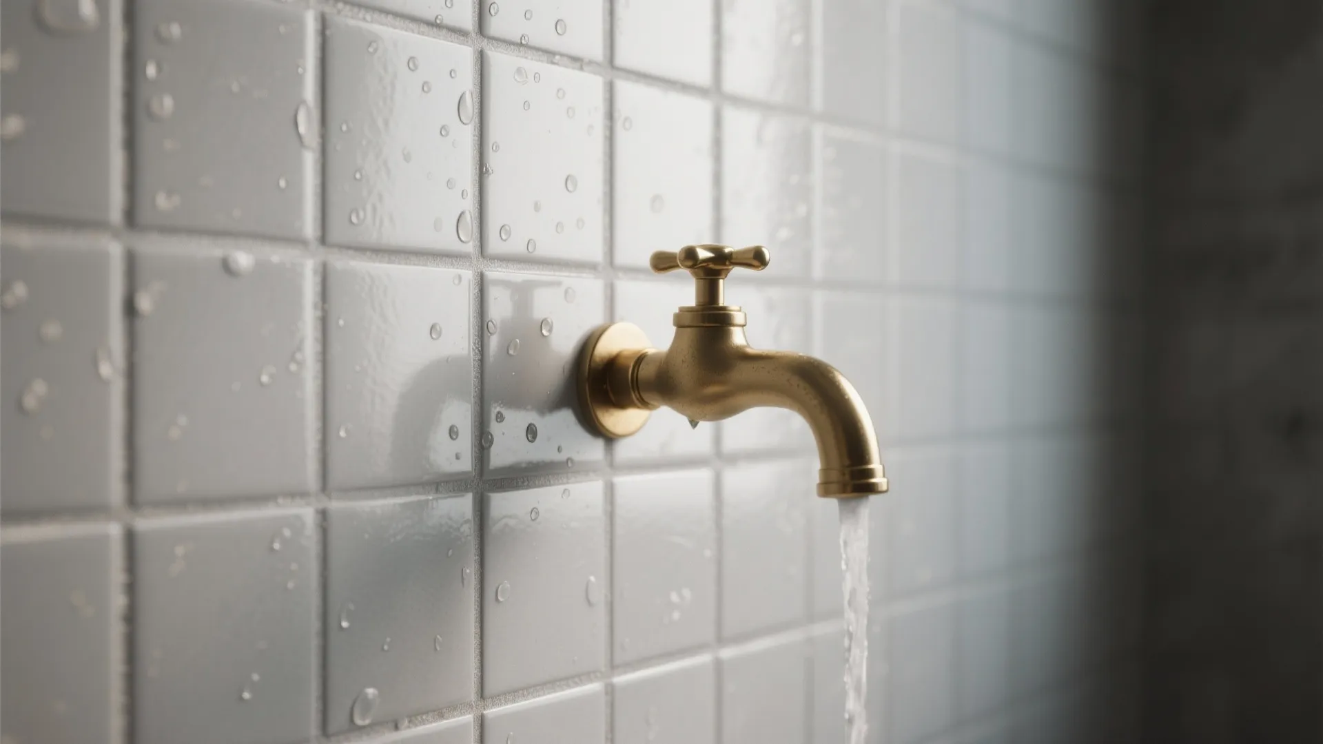 2. Matte Gray Tiles + Brass Fixtures