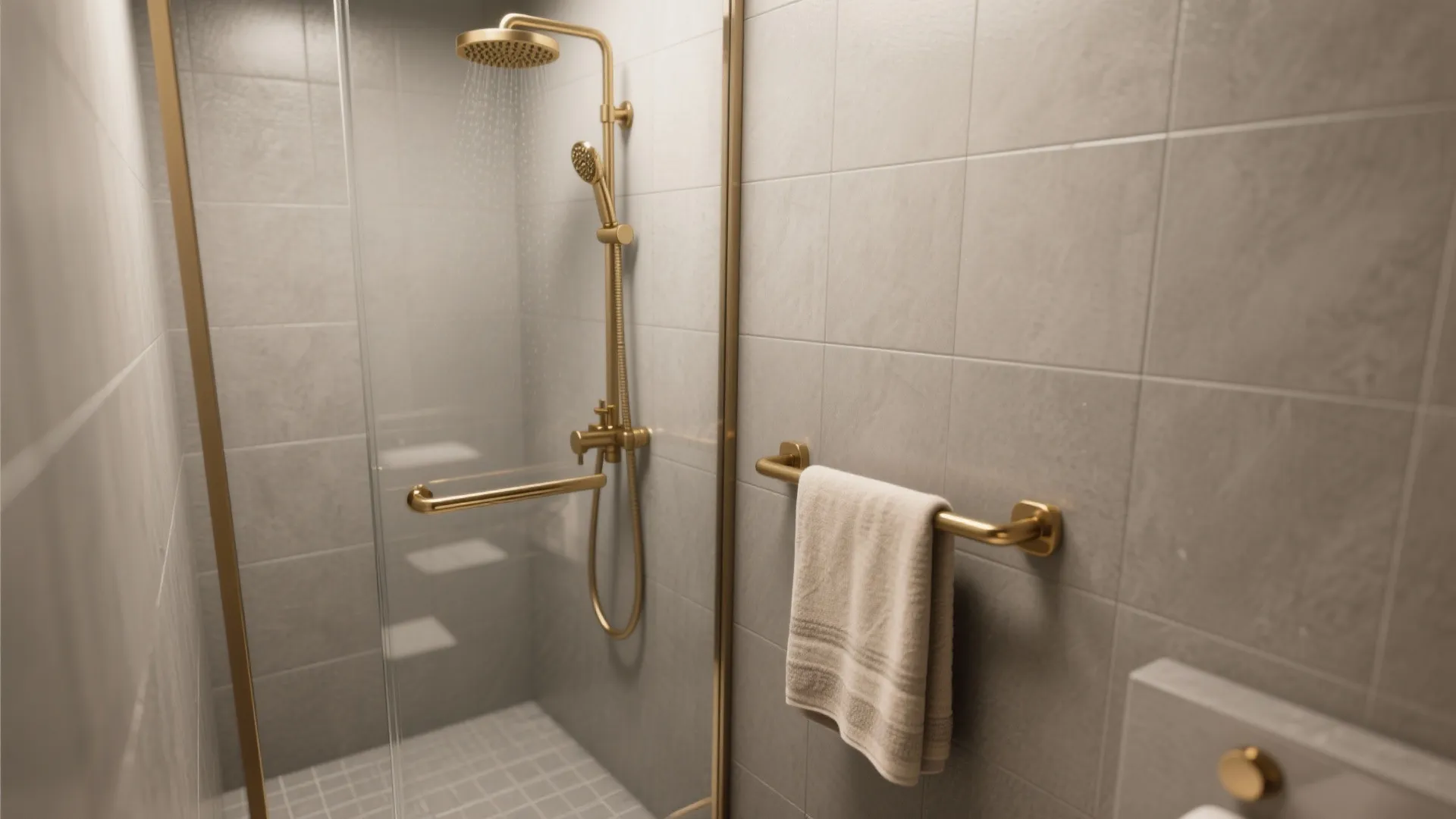 1. Matte Gray Tiles with Brushed Gold Fixtures