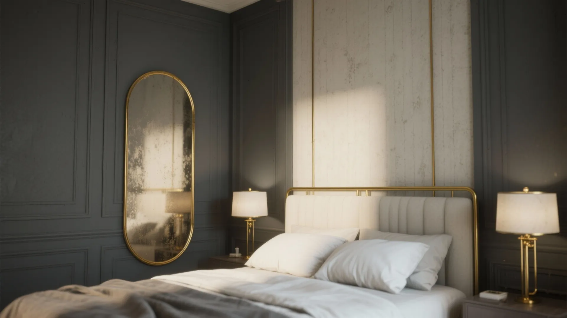 Bedroom with matte gray walls, lighter headboard wall and gold picture rails