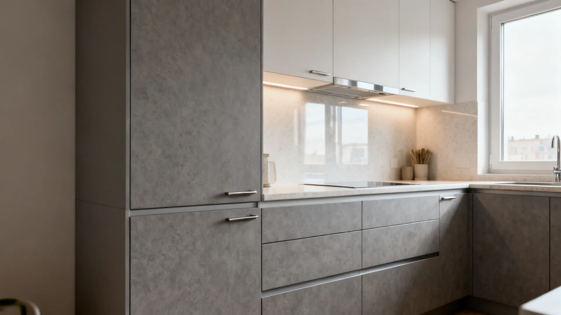 Modern kitchen with matte grey lower cabinets, white upper cabinets, countertop, and bright window light