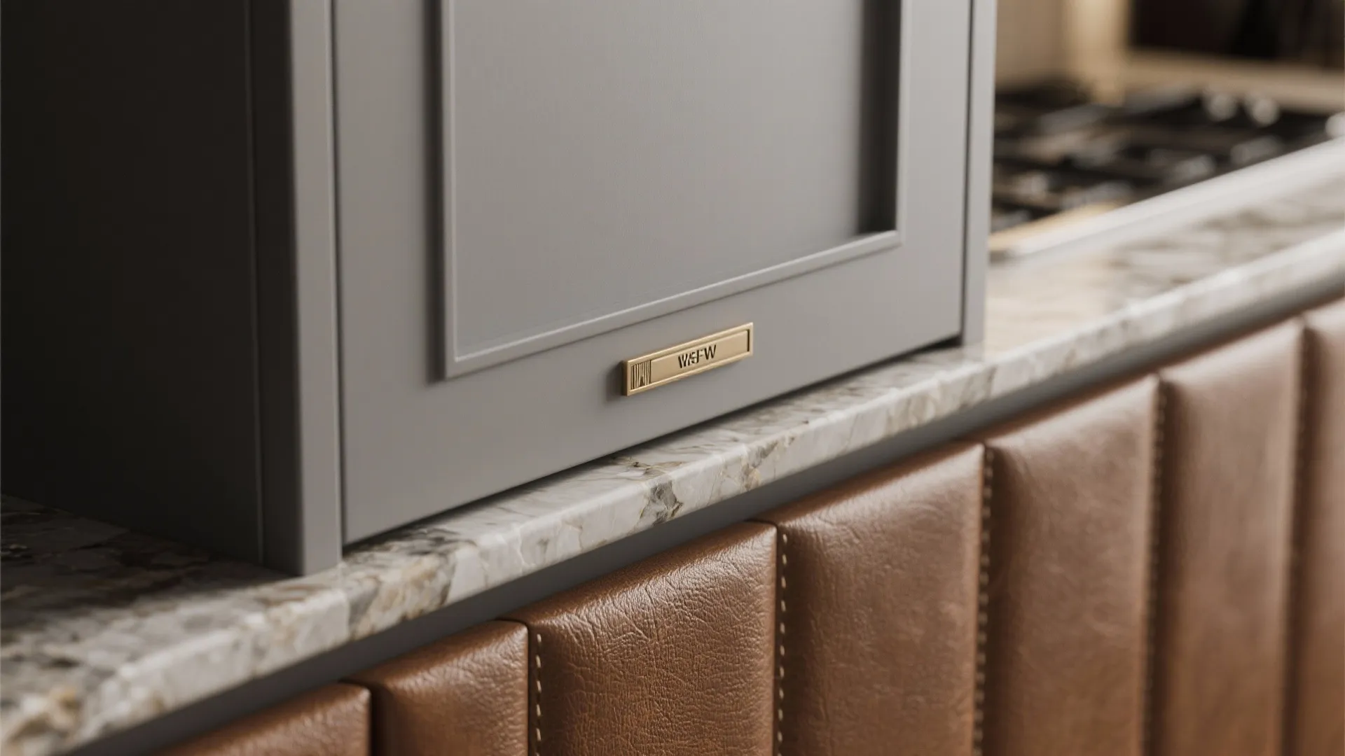 2. Matte Gray Cabinets + Leathered Brown Stone Countertops