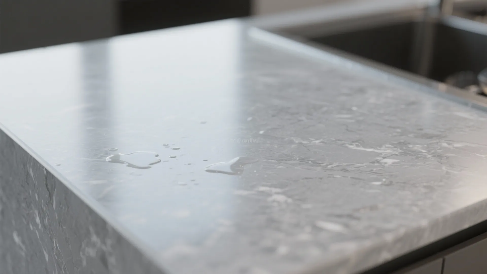 Close up view of water droplets on a smooth grey marble kitchen countertop near sink