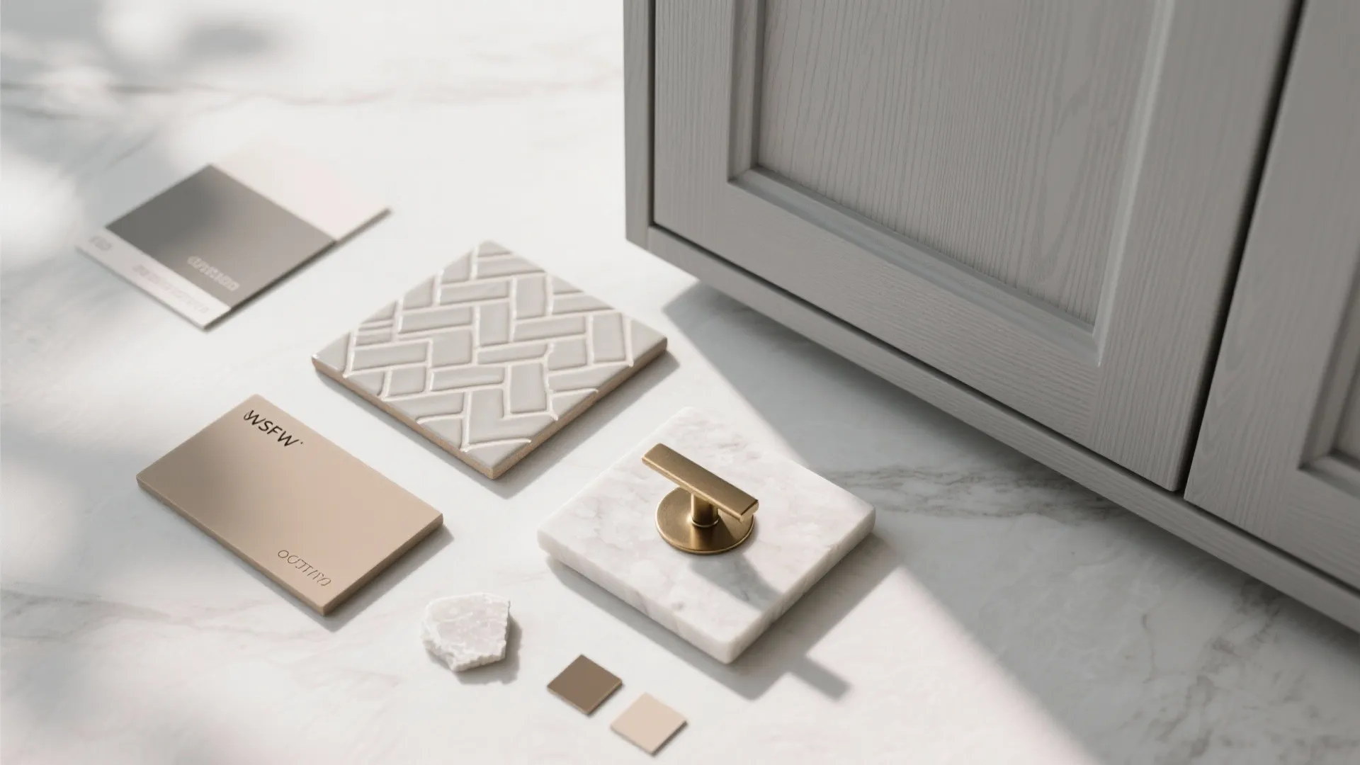 Interior design materials including gray cabinet door tiles marble sample and gold handle on white surface