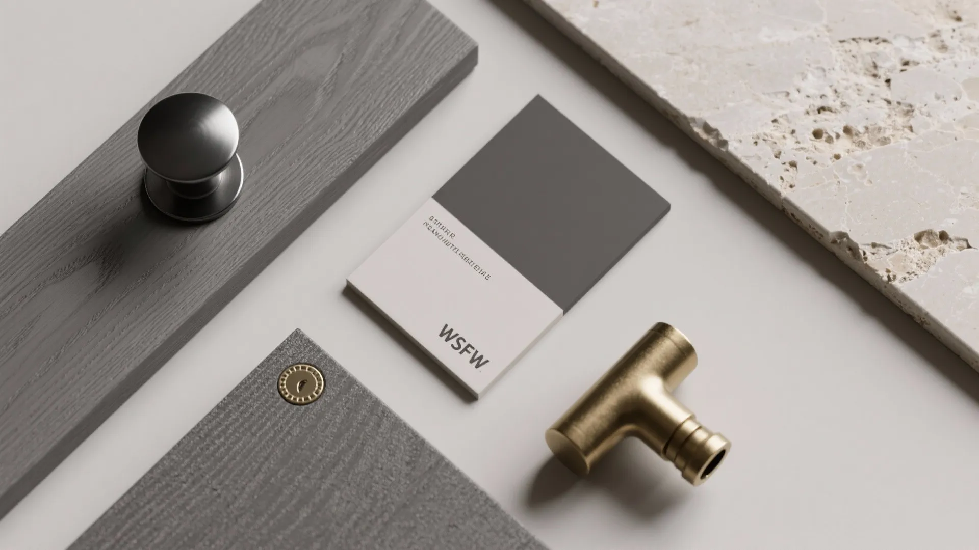 Interior design materials including grey wood panels stone tile brass handle and silver metal door knob
