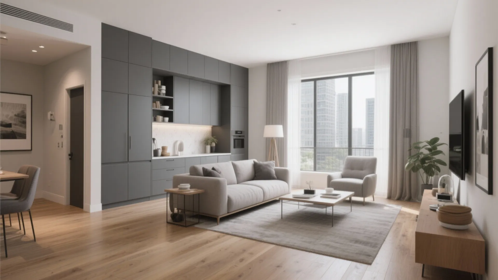 Matte Gray Built-ins with Oak Flooring