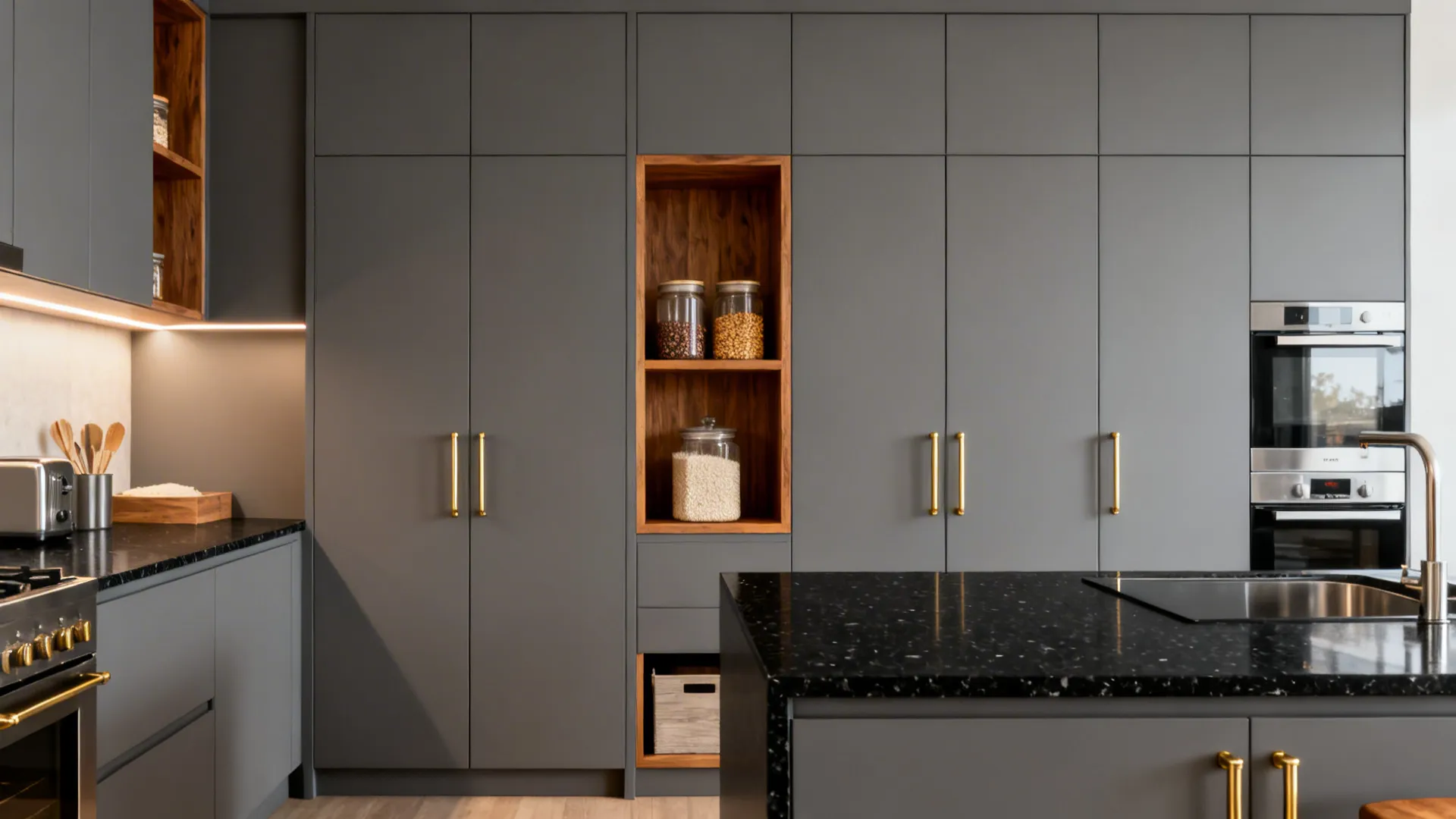 Matte Gray Tall Units with Warm Accents