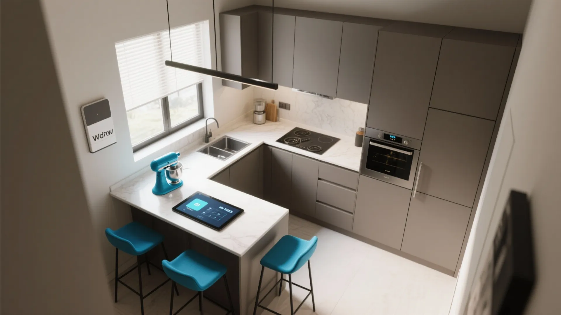 5. Matte Gray Cabinets with Bright Blue Accents and Smart Tech