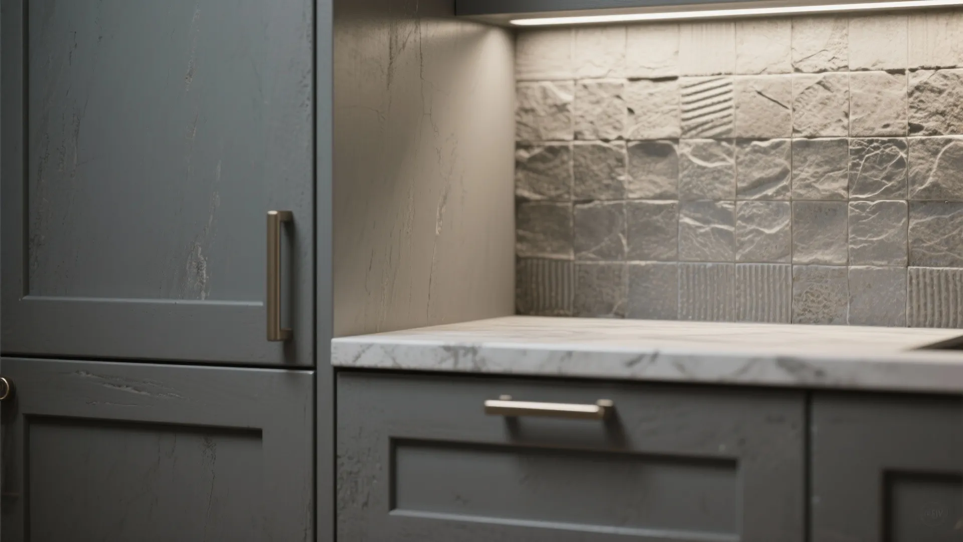 Close-up of matte gray cabinet finish with textured handmade tile backsplash