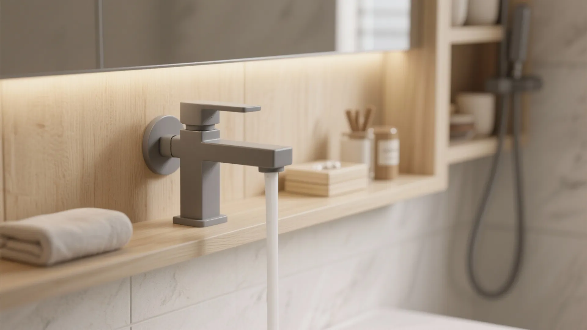 4. Matte gray fixtures with beige timber accents