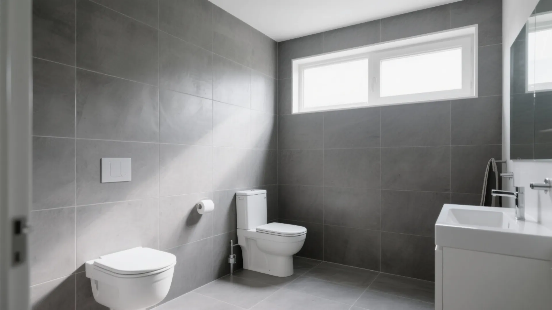 Minimalist bathroom featuring matte grey walls white toilet sink and small window with natural light
