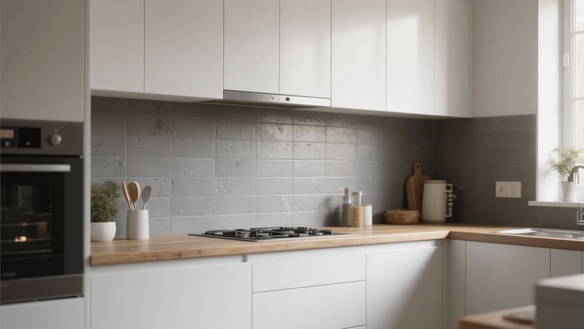 4. Matte Gray Tiles with White Cabinets