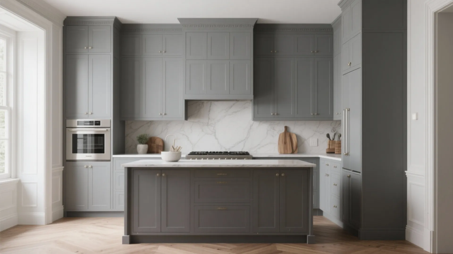 4. Matte Gray Cabinets Framed by White Trim