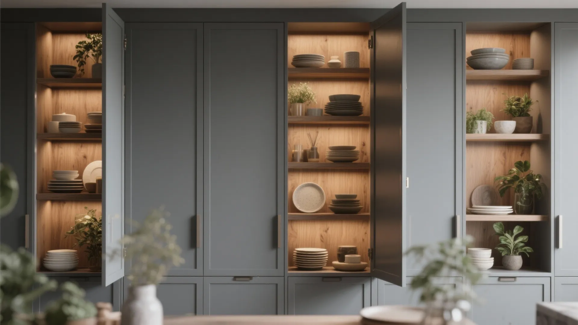 3. Mix matte gray doors with wood interiors